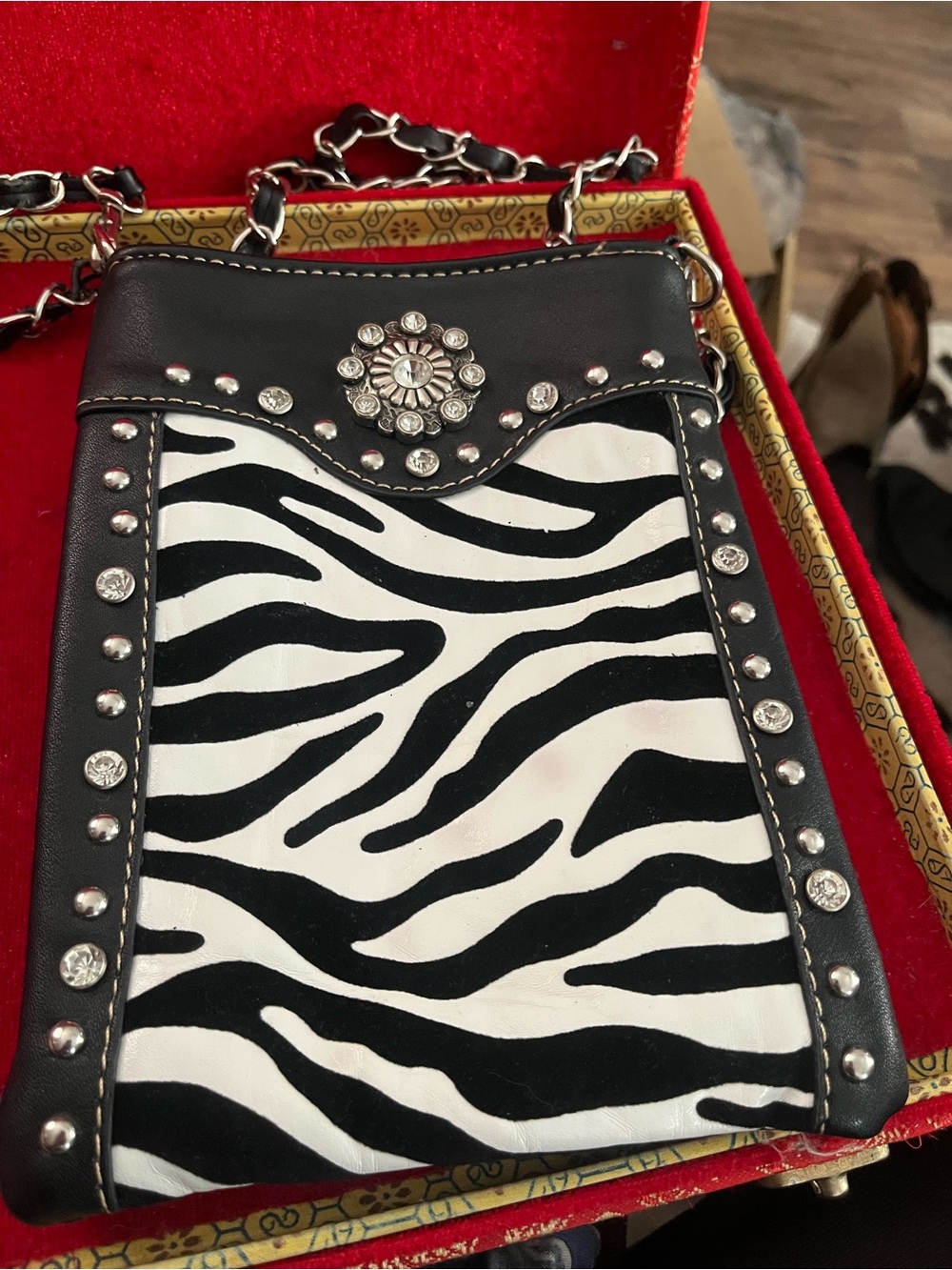 Zebra-Print Black and White Crossbody Bag with Rhinestone Accents